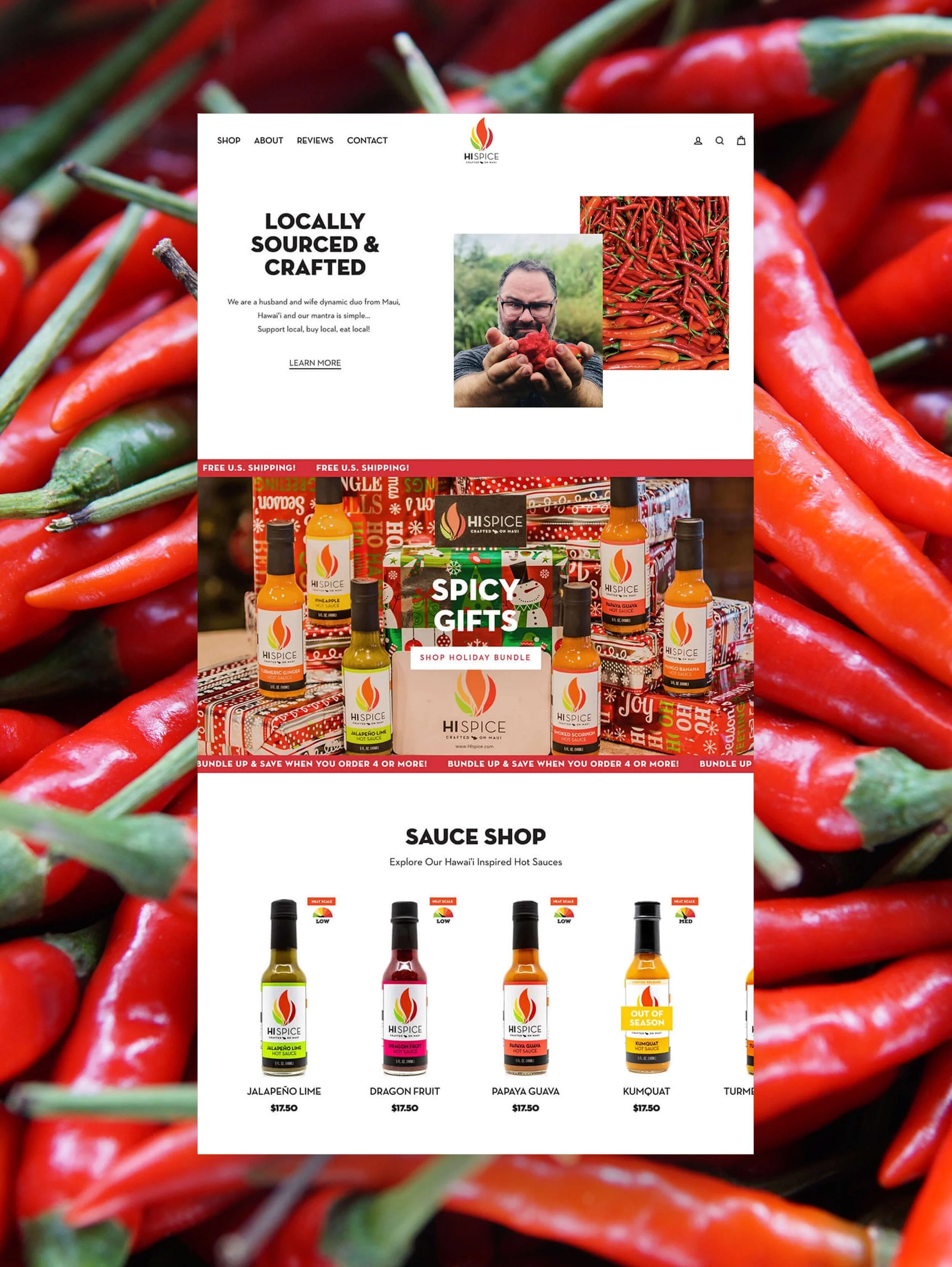 A website homepage for a spicy hot sauce shop called HISPICE, featuring an image of a man holding a red chili pepper and a grid of hot sauce bottles with prices, set against a background of red chili peppers.