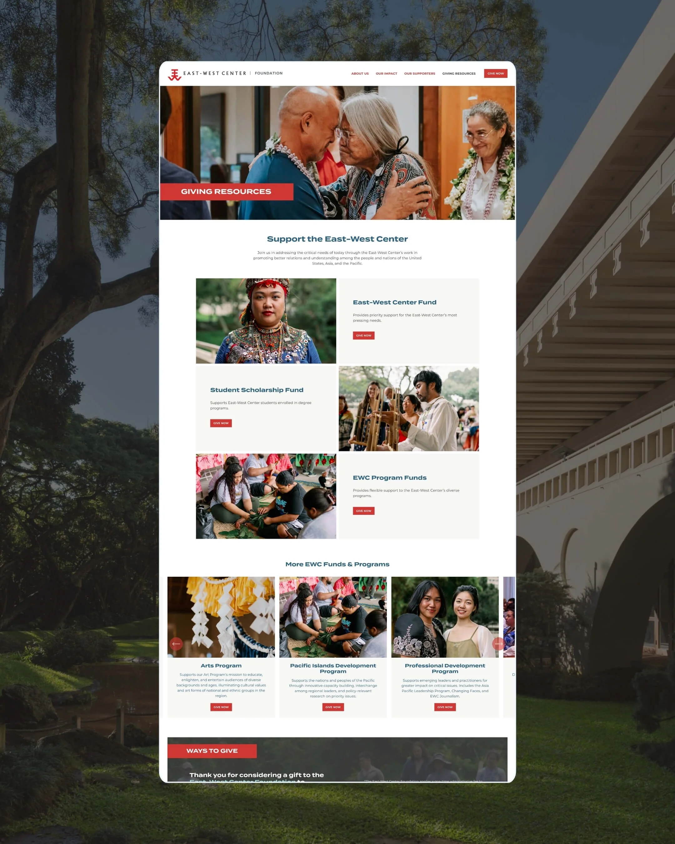 Screenshot of a website for the East-West Center Foundation, showing a homepage with a main image of an elderly woman and a man touching foreheads, and a woman with glasses smiling nearby.