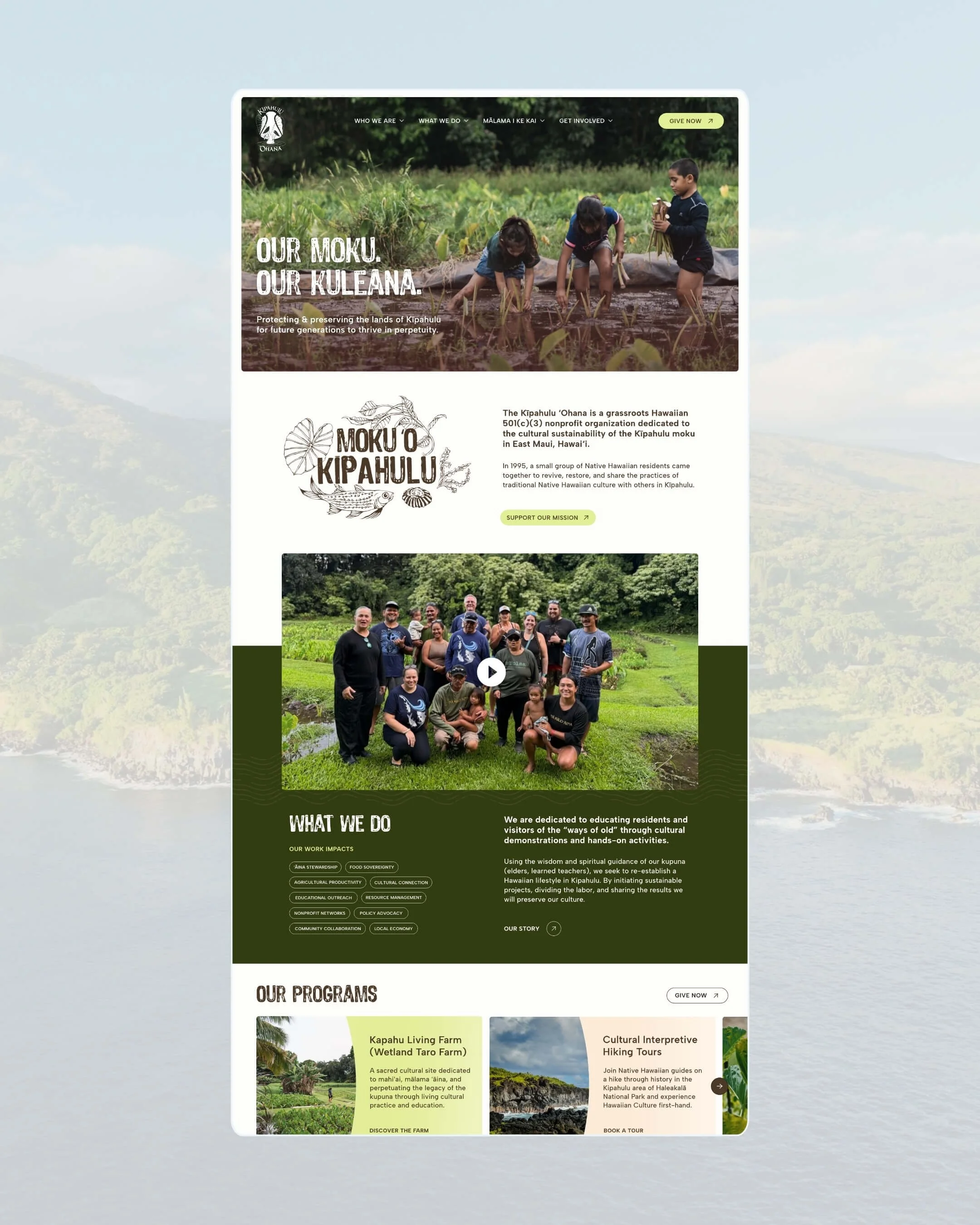 Homepage of Kipahulu Ohana's website, a nonprofit organization in Hawaii. The website features images of children planting taro, and sections about their programs, land preservation, cultural activities, and support options.