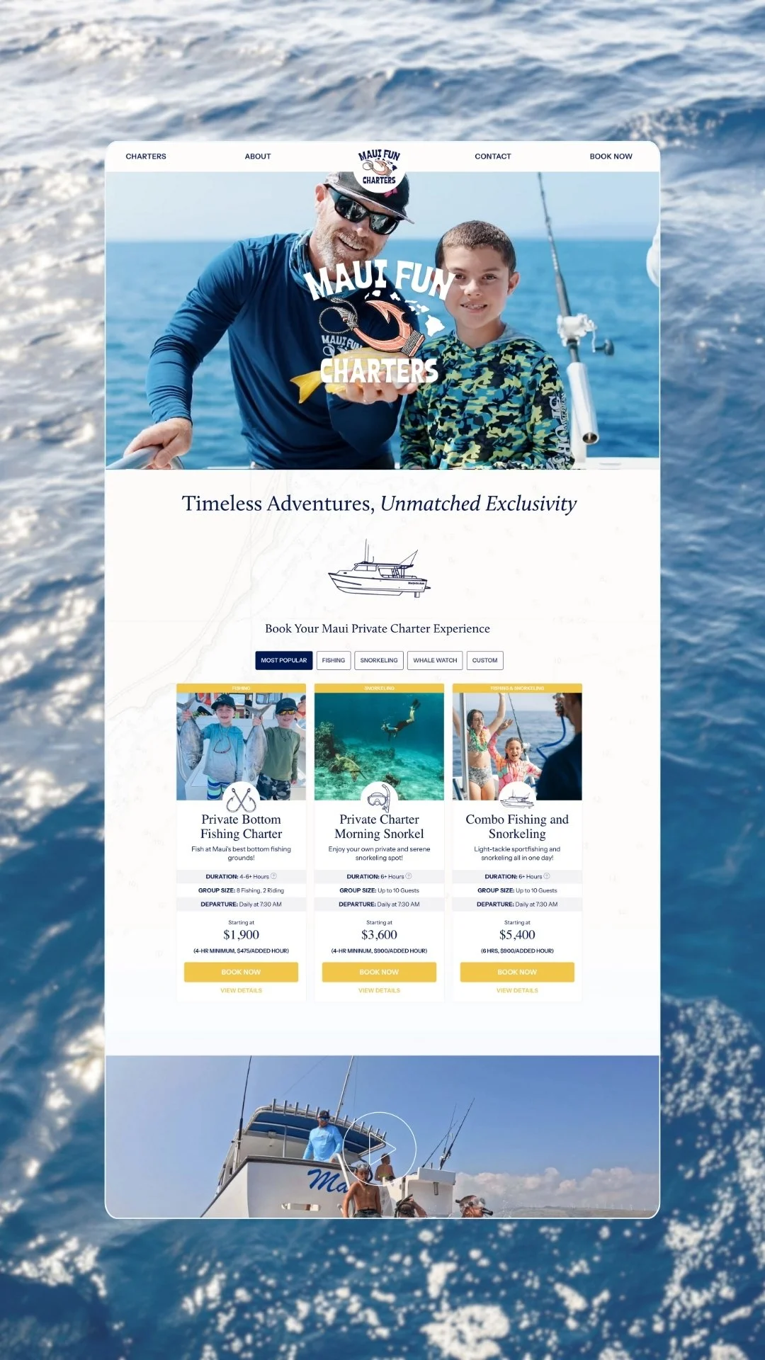 Website screenshot of Maui Fun Charters offering private fishing and snorkeling boat trips, featuring images of people on boats, with options for fishing, snorkeling, whale watching, and custom charters.