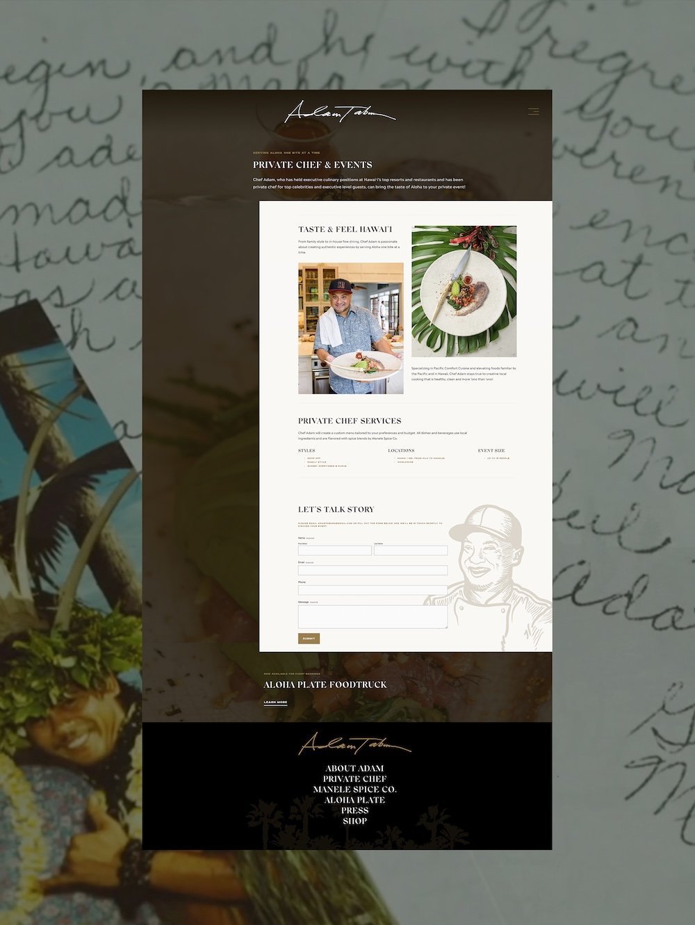 A screenshot of a website for private chef and events services, featuring a photo of a chef holding a dish, tropical food images, and contact form.