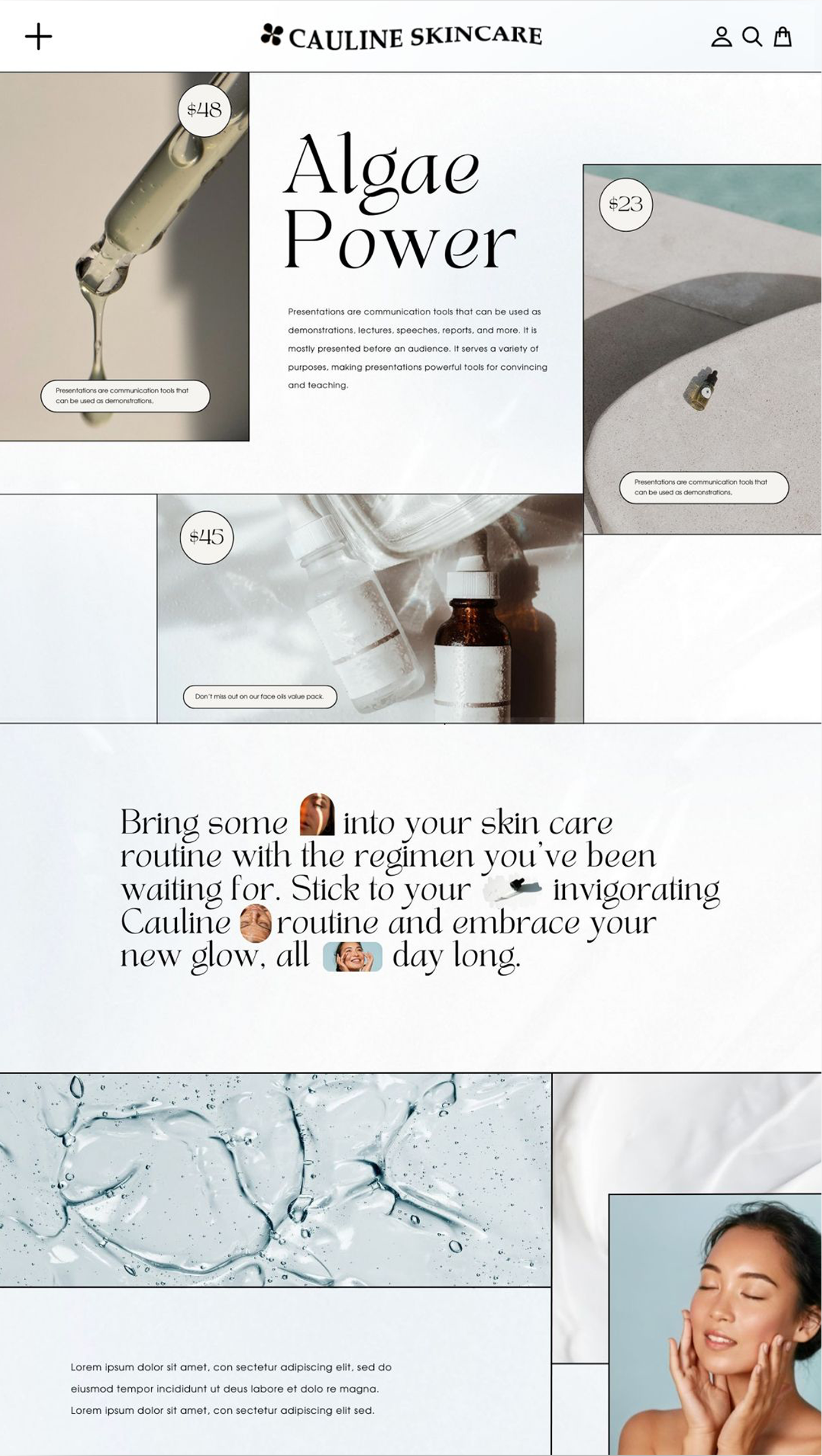 Webpage for Cauline Skincare featuring products with algae and essential oils, including prices and promotional text about skincare routines.