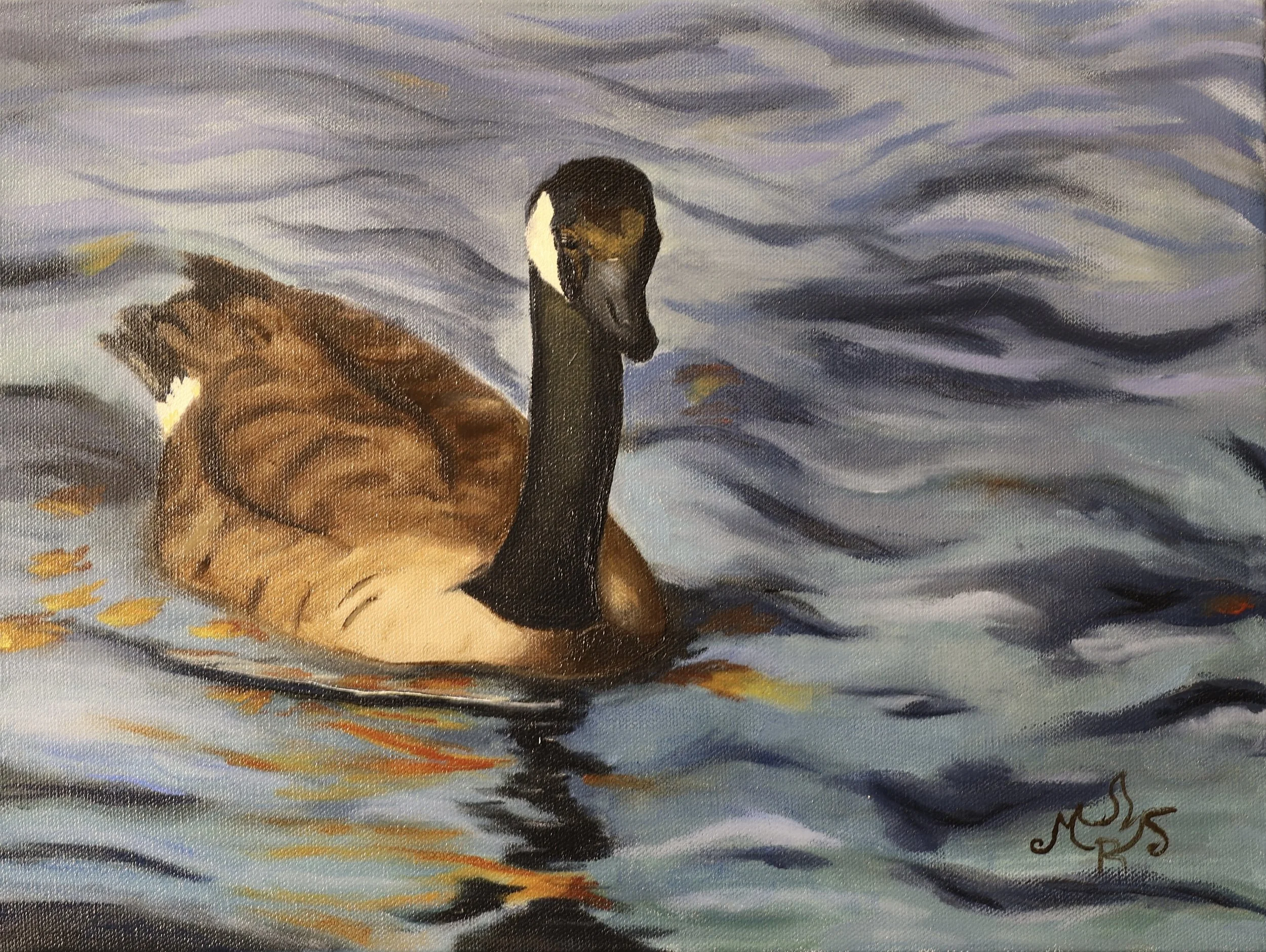 A painted image of a duck swimming in water during sunset or sunrise, with the reflection and ripples around it.