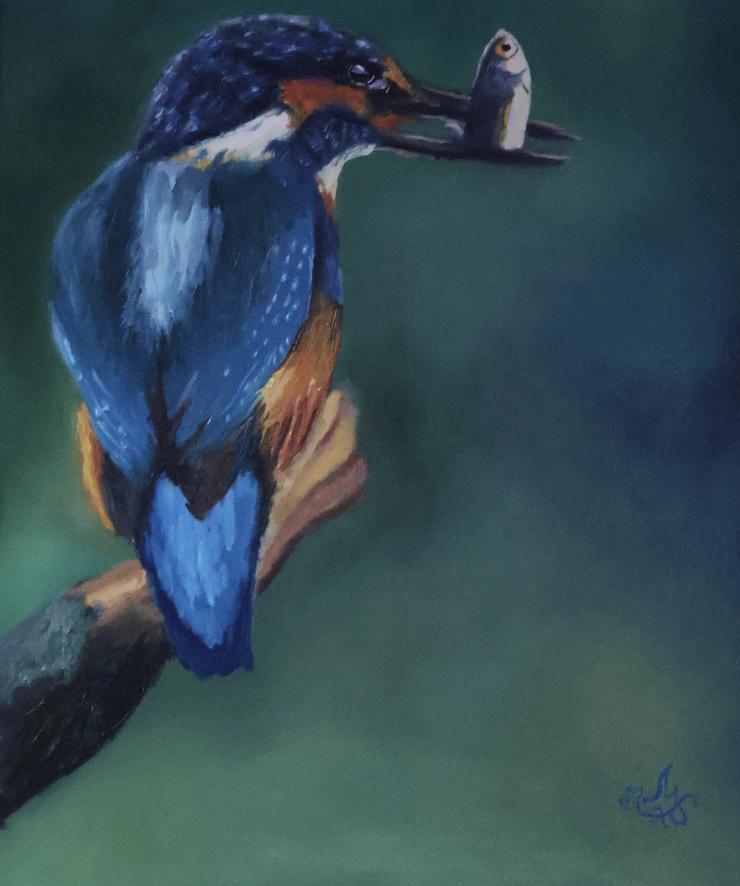 Painting of a kingfisher bird with bright blue and orange feathers, holding a fish in its beak against a green background.