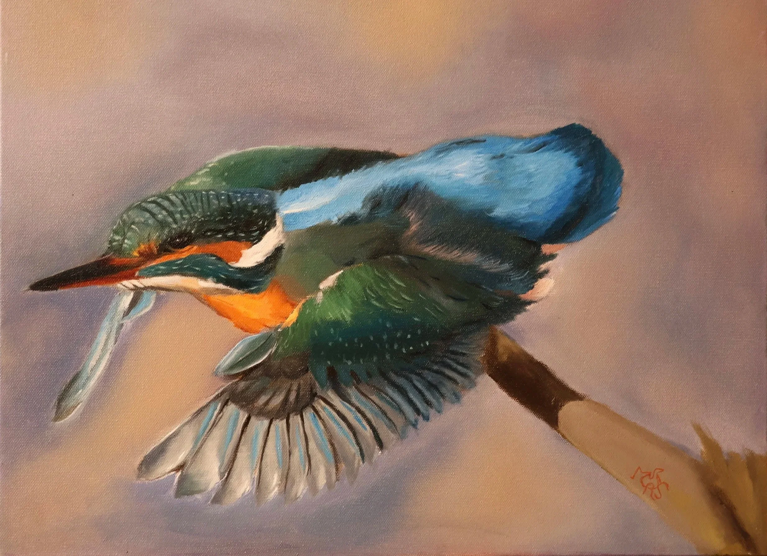 A colorful painting of a bird with a bright orange beak, green and black head, blue and white wings, and brown tail feathers, set against a plain background.