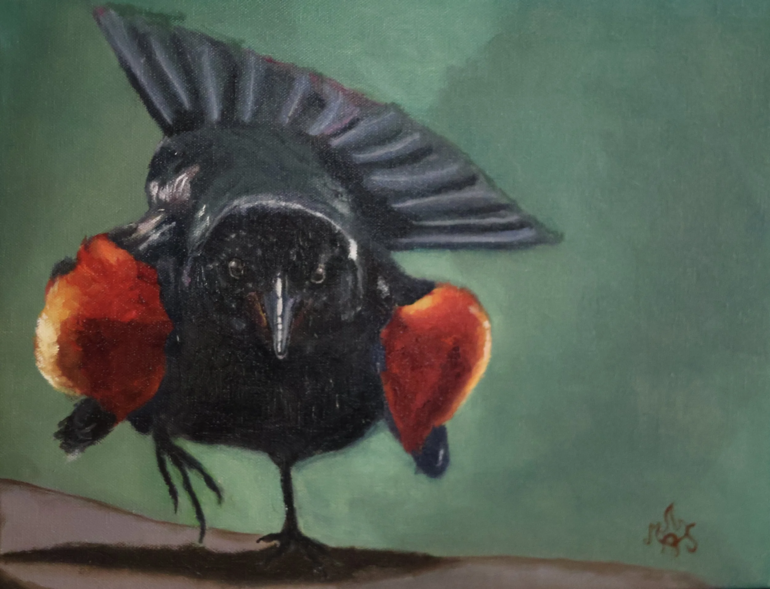 A painting of a bird, possibly a scarlet tanager, with a black head, black wings with white markings, and bright red-orange body, set against a green background.