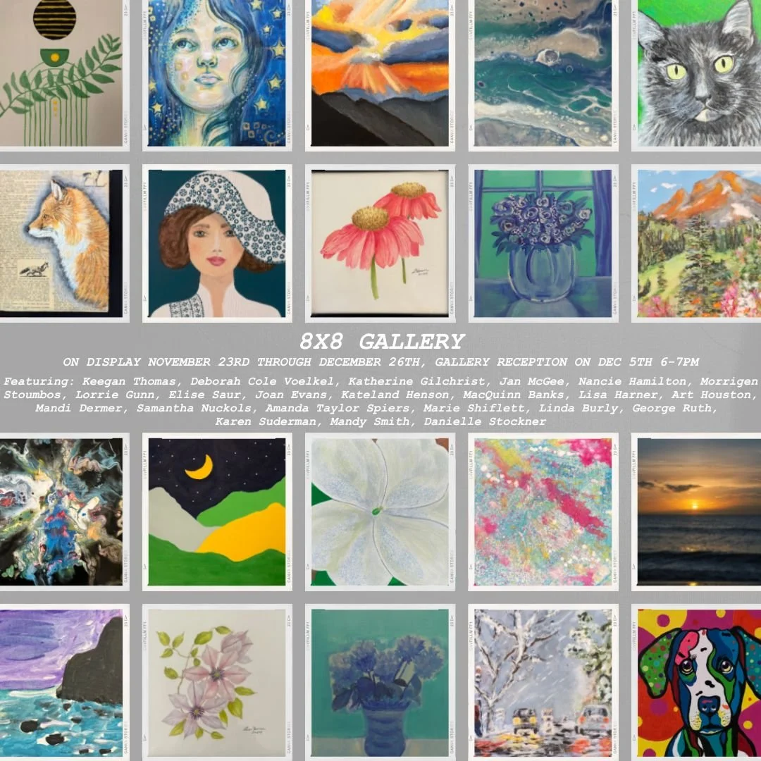 A gallery poster titled '8X8 GALLERY' featuring various artwork including paintings of a woman with stars, a volcano eruption, ocean waves, a cat, a fox, a woman with a hat, flowers, abstract art, a sunset, a beach scene, flowers, and a colorful dog.