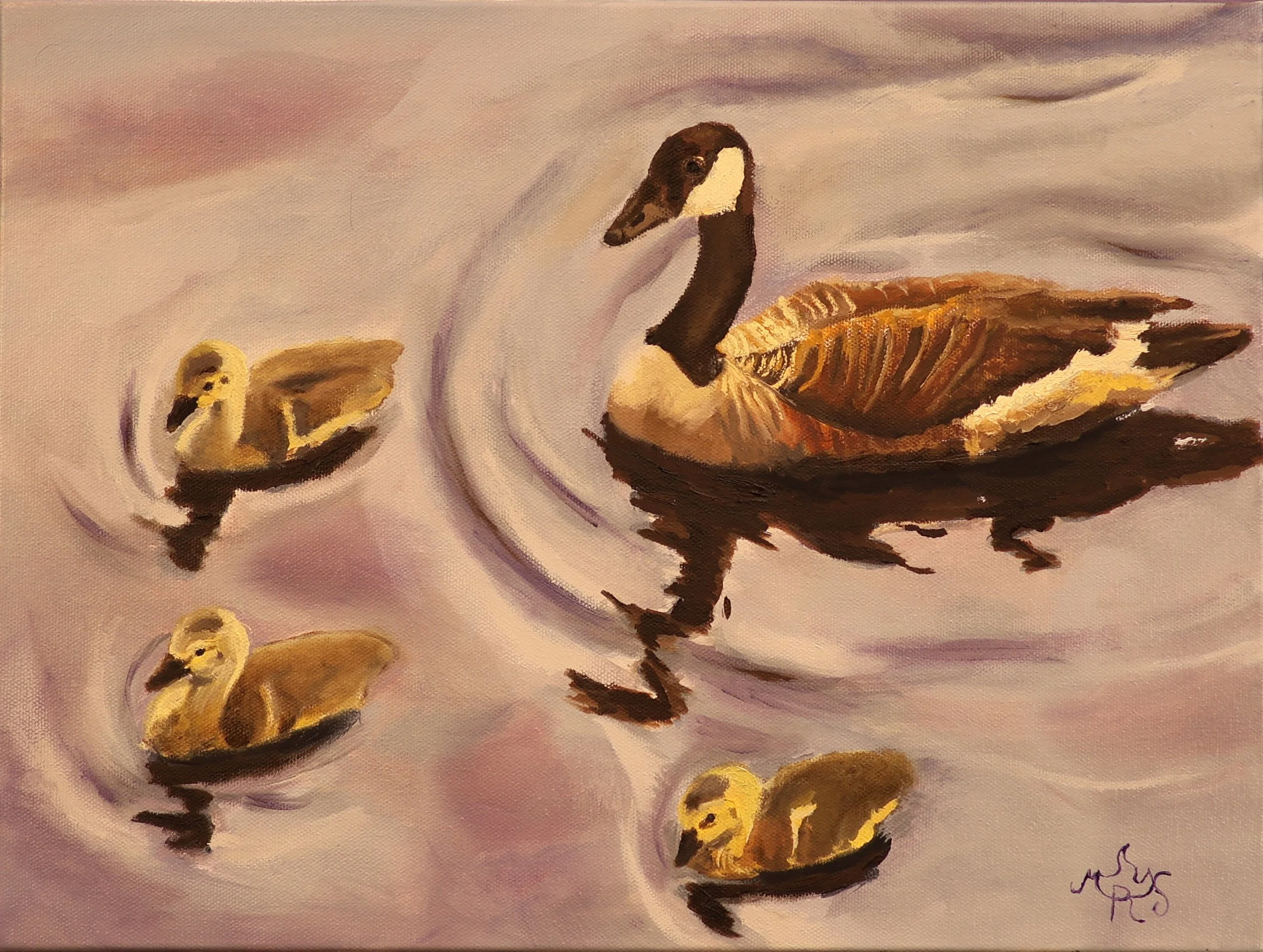 A painting of a mother duck leading several ducklings on a pond, with purple and pink water and sky in the background.