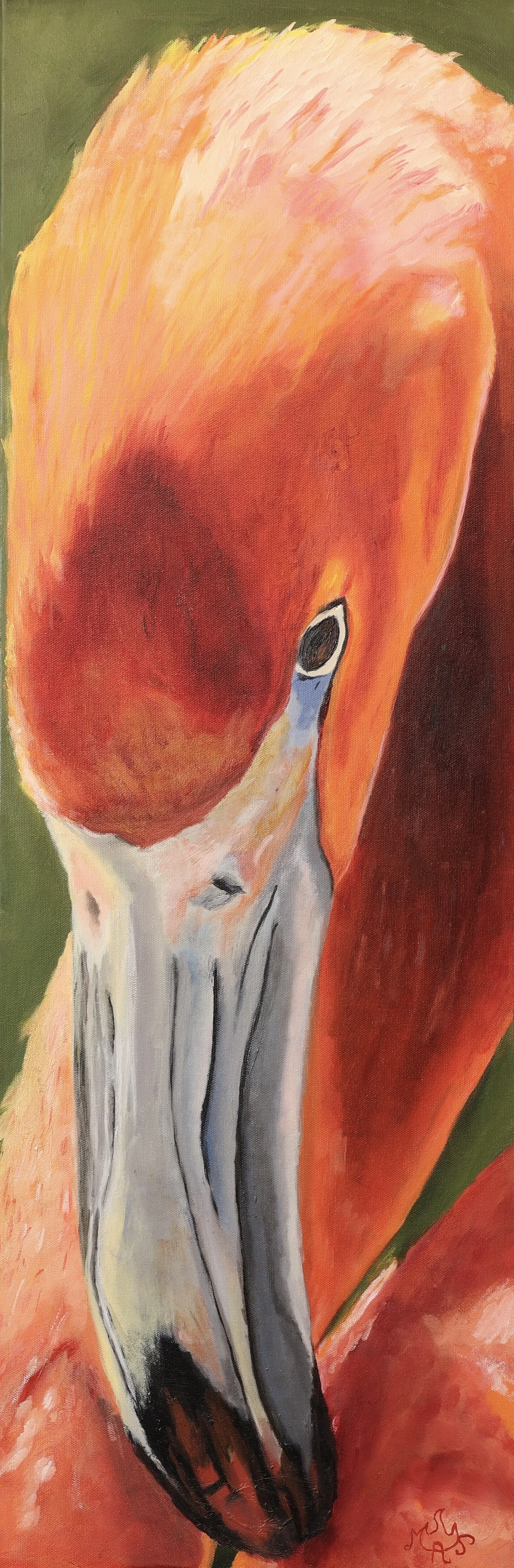 Close-up of a painting depicting a flamingo with its head bent downward, showing detailed brushstrokes and vivid colors including pink, orange, black, white, and green background.