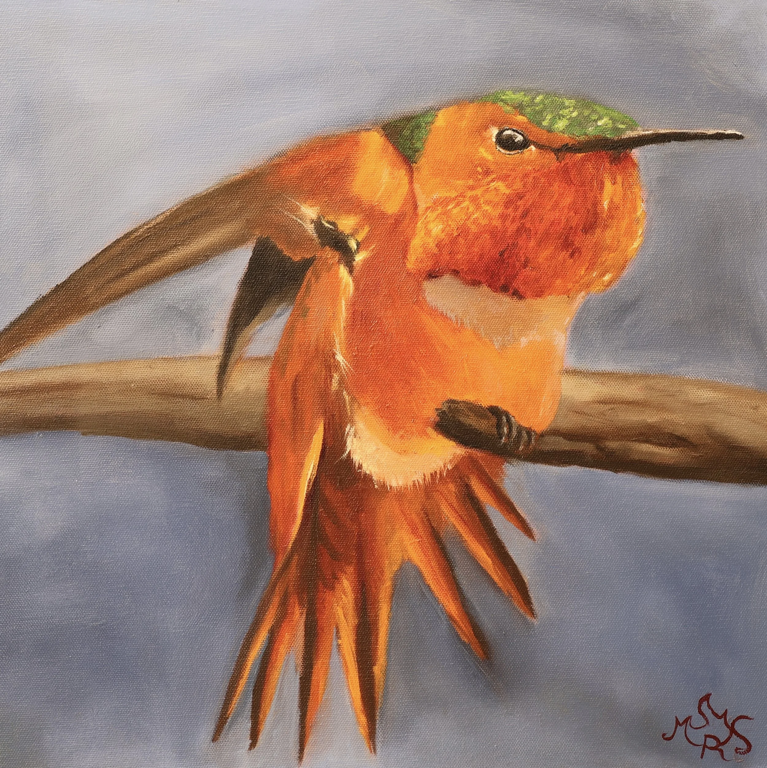 Painting of a colorful hummingbird with orange, green, and brown feathers, located on a light background.