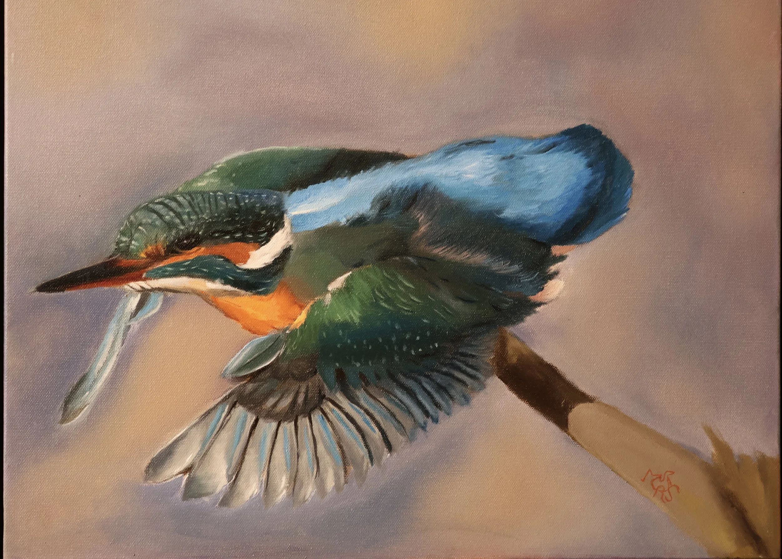 A colorful painting of a kingfisher bird with vibrant blue, green, orange, and black feathers, perched on a branch, with a pinkish background.