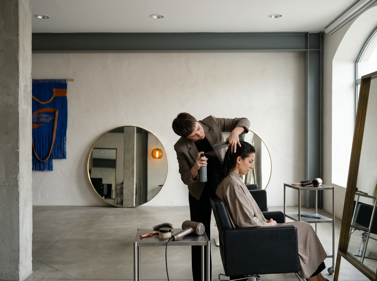 A hairstylist blow-drying a woman's hair in a modern salon with minimalist decor, large windows, and round mirrors.