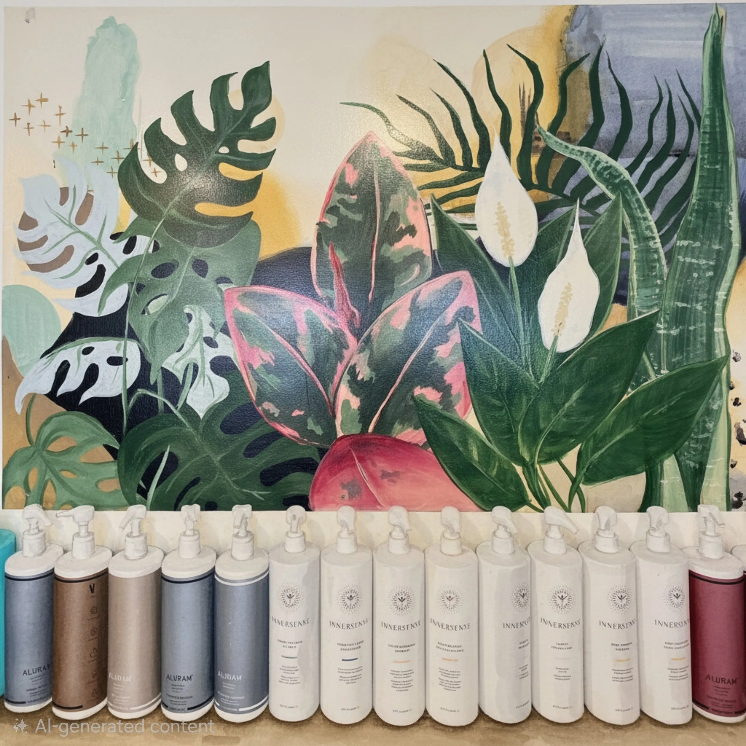 2 Archer Salon Backbar of organic and low tox products, in Garden City Michigan. Colorful watercolor painting of various tropical leaves on a wall, including monstera, banana, and palm leaves, with soft background colors.