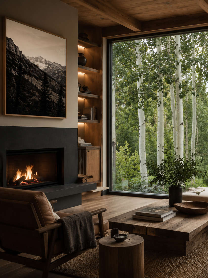 Cozy living room with a large window overlooking trees, a fireplace with a fire burning, wood furniture, a brown leather armchair with a blanket, a wooden coffee table with books and decor, and a black and white mountain photograph on the wall.