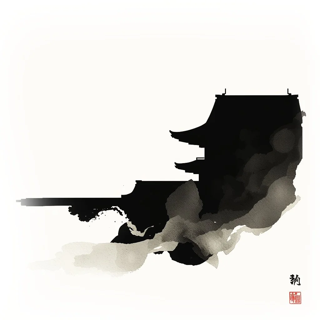 Silhouette of a traditional Asian pagoda-style building, with layered, curved roofs in black ink wash painting style.