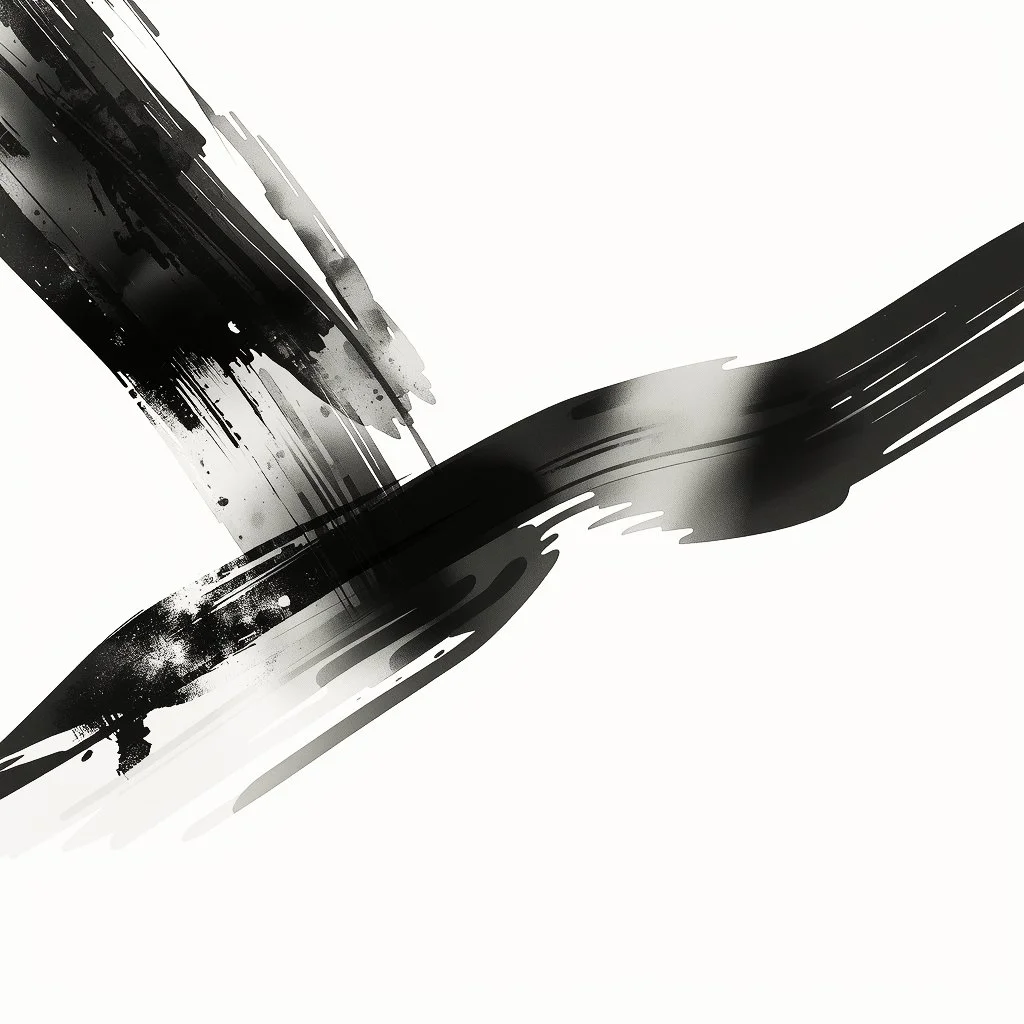 Abstract black and gray brushstrokes on a white background.