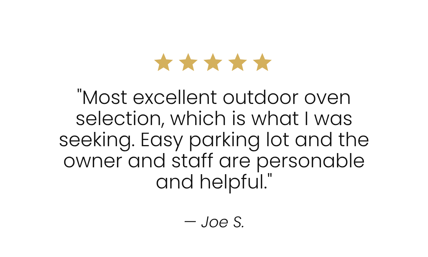 Five gold stars and a customer review quote in black text over a white background.
