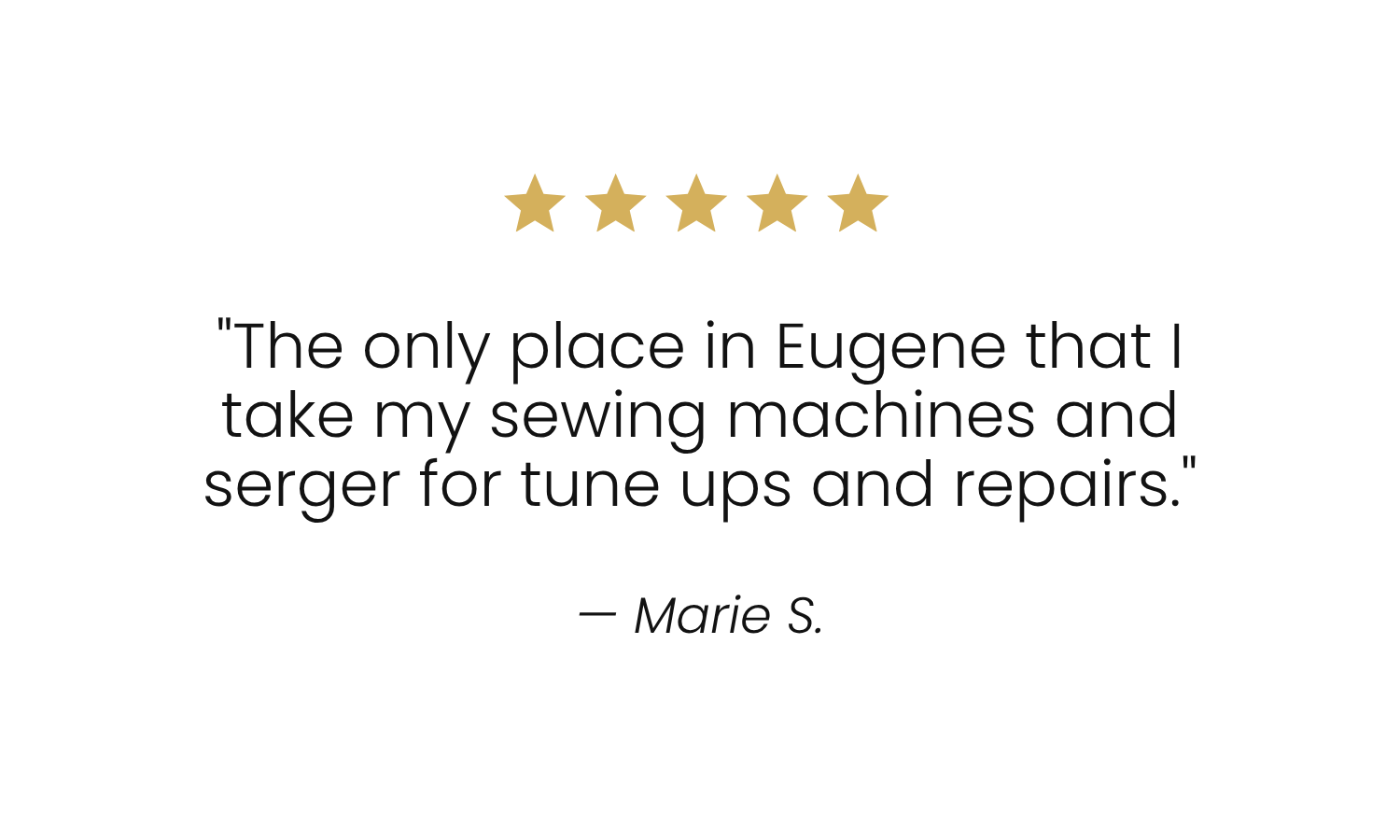 Five gold stars, a quote about Eugene, Oregon, and a person's testimonial with their name Marie S.