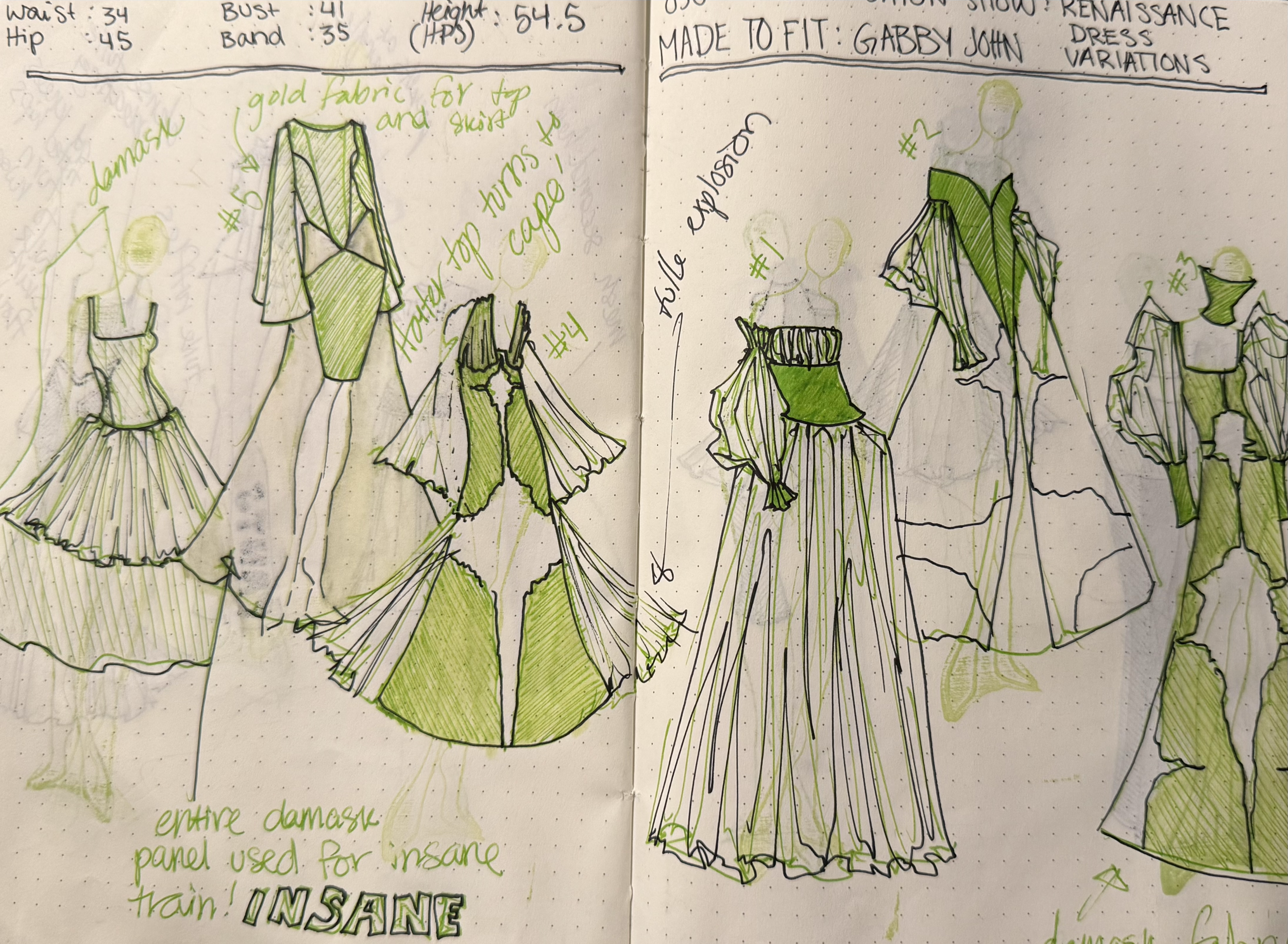 Drawing of a green and black fashion design sketch with detailed annotations. The sketch includes various outfits, focusing on a gown made from gold fabric, with notes on its construction and fabric choices. The sketches show different gown styles, emphasizing the use of panels and creative dress variations. Handwritten captions and notes describe fabric, fit, and design elements.