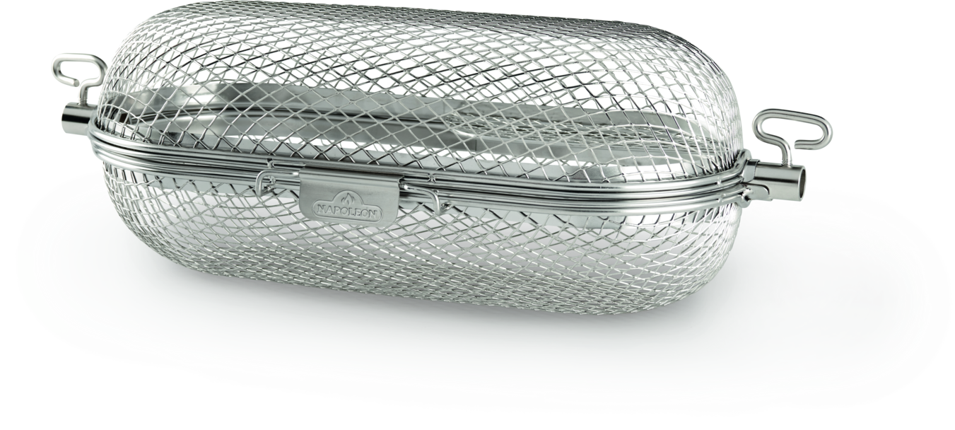 The Rotisserie Basket's rod ports fit most rotisserie rod styles and lock in place with the thumb screws. 