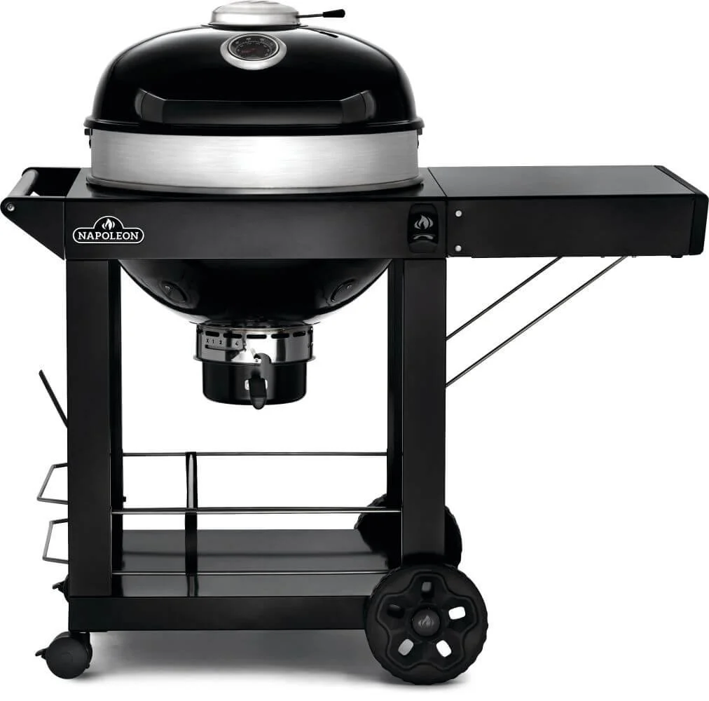 Napoleon PRO Charcoal Kettle Grill with Cart. The folding, black, powder-coated cart features a folding side shelf that provides generous prep space. 