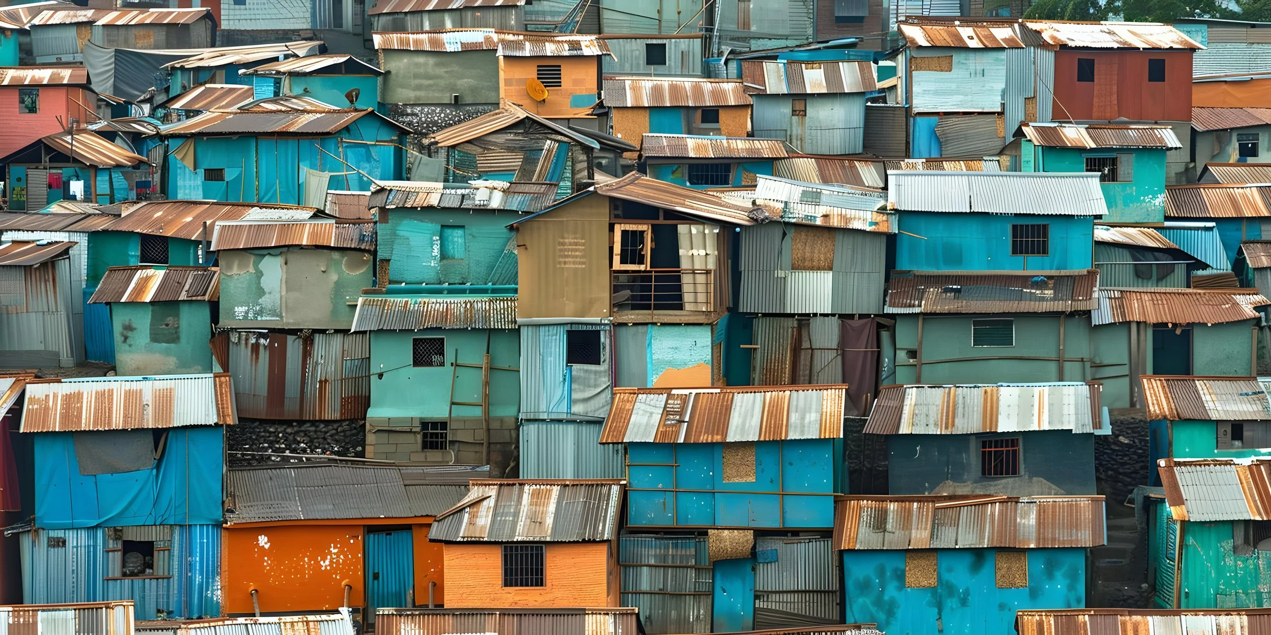 A densely packed informal settlement with various houses made of corrugated metal sheets, painted in different colors, with many roofs showing rust and wear.