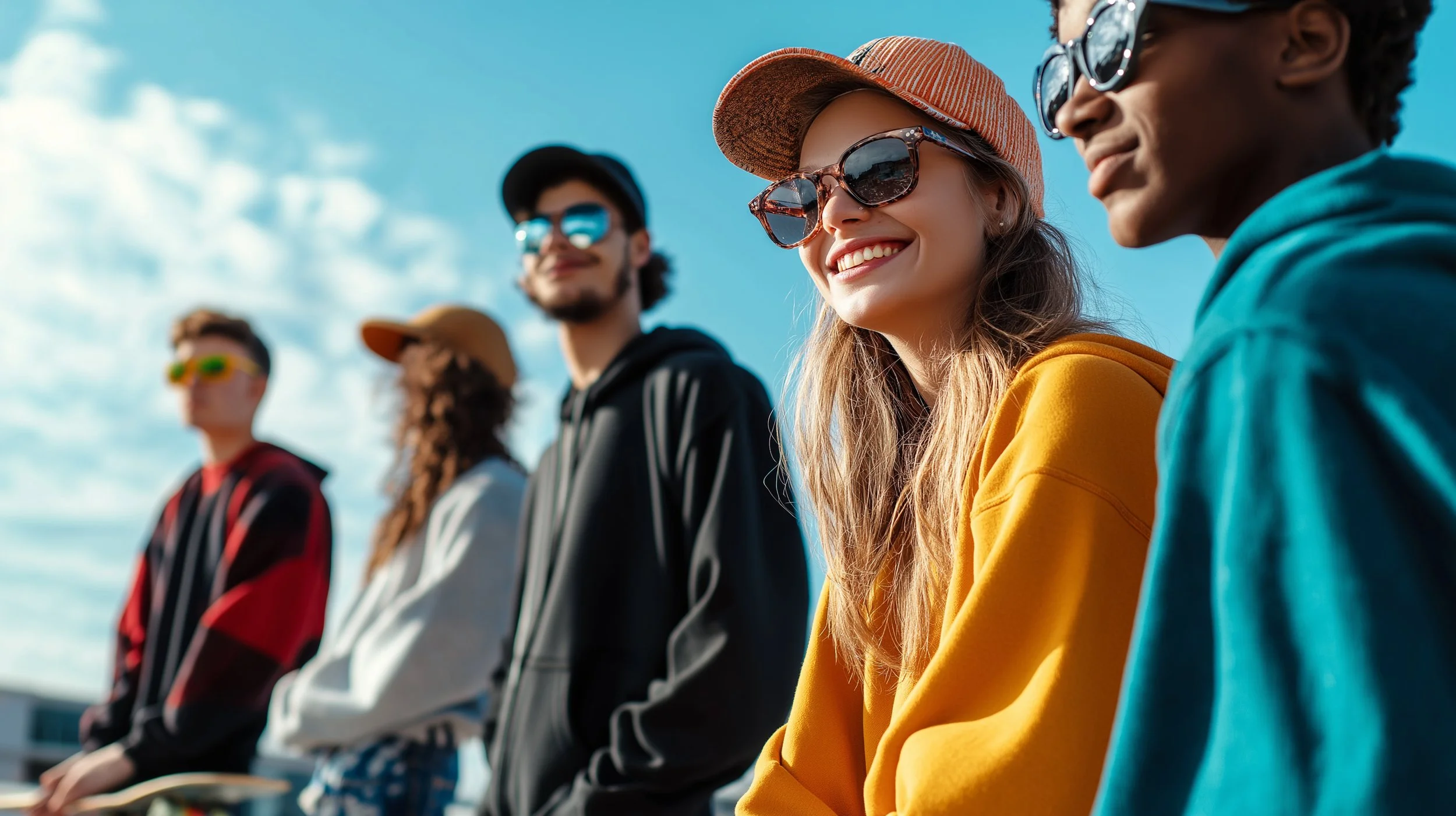 Group of five friends sitting outdoors under a blue sky, enjoying the sunny day, wearing casual clothes and sunglasses.