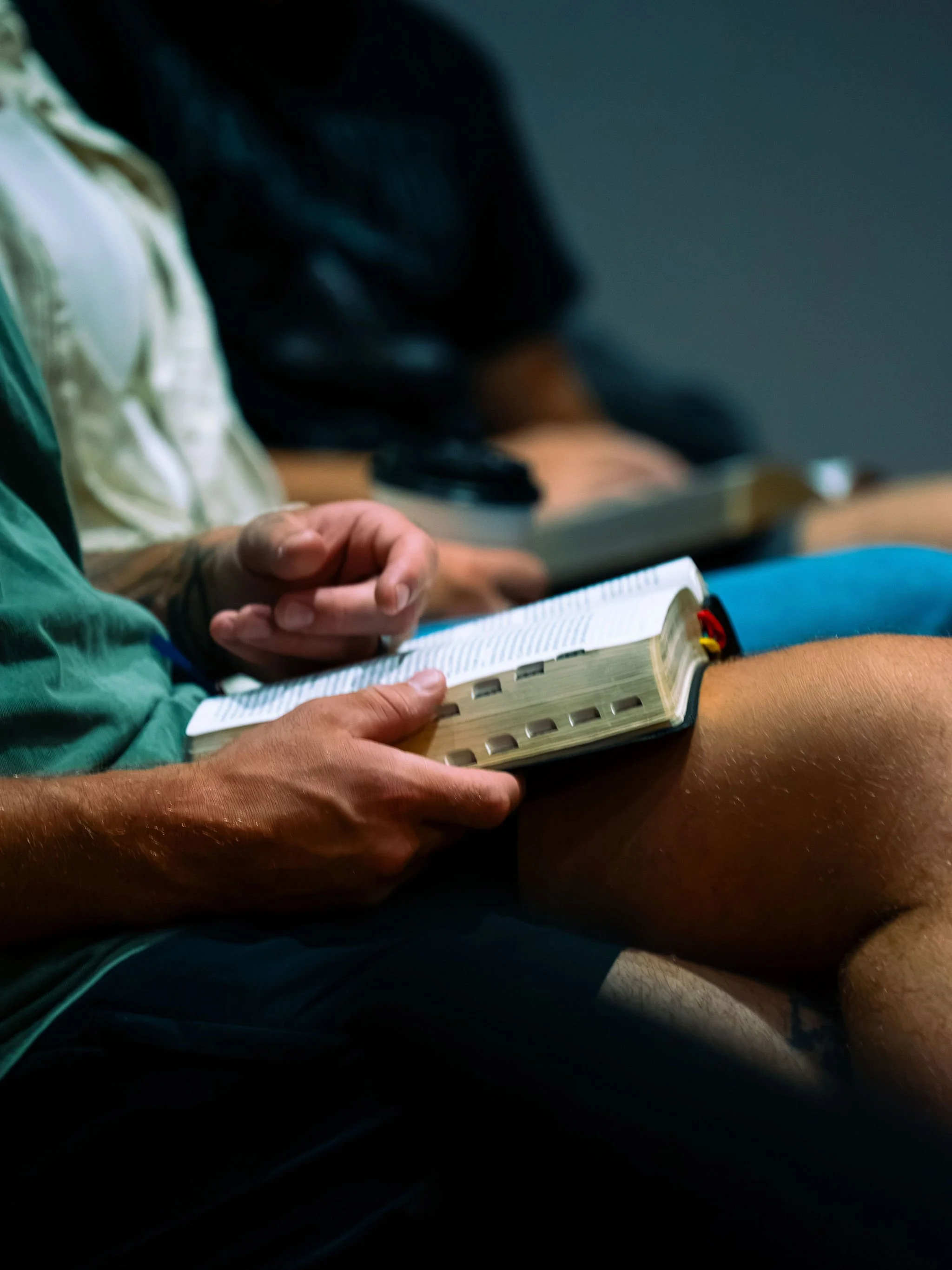 Close-up of a person reading a book or Bible while seated.