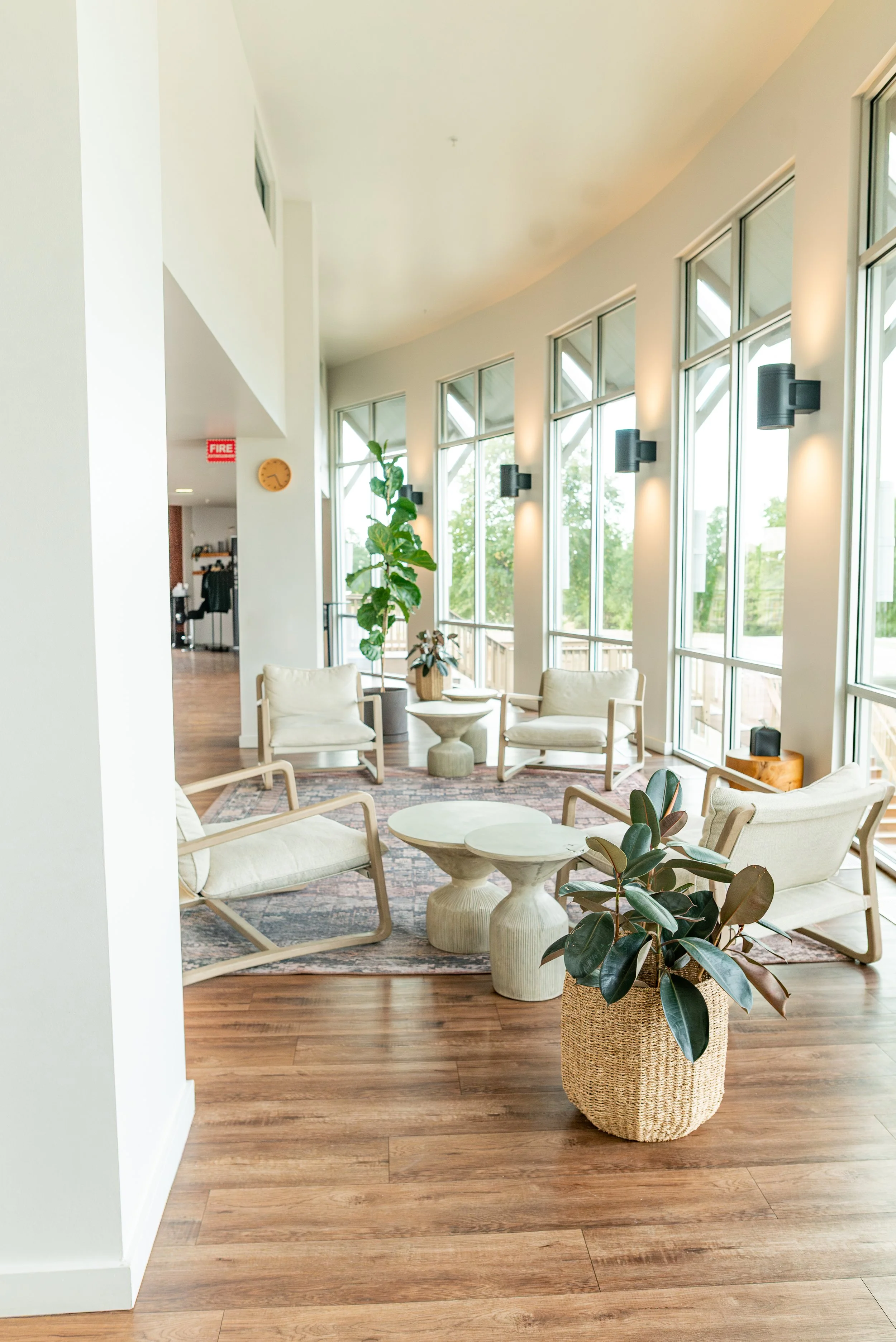 Bright, modern lounge with large windows, cream chairs, green plants, wooden flooring, and soft lighting.
