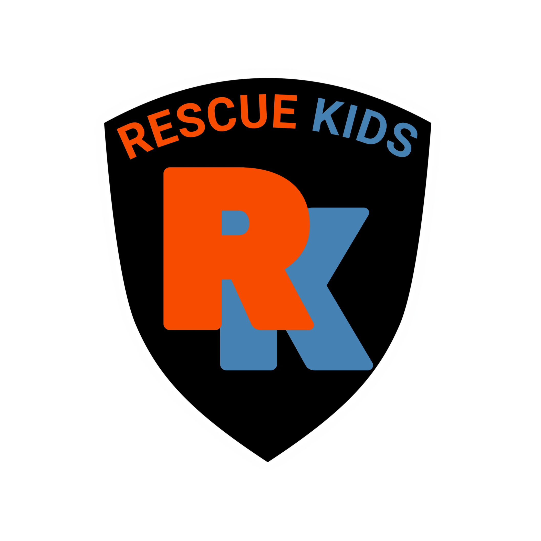 Logo for Rescue Kids featuring a shield shape with a large orange letter R and blue letter K, black background, and the words 'Rescue Kids' arched above.