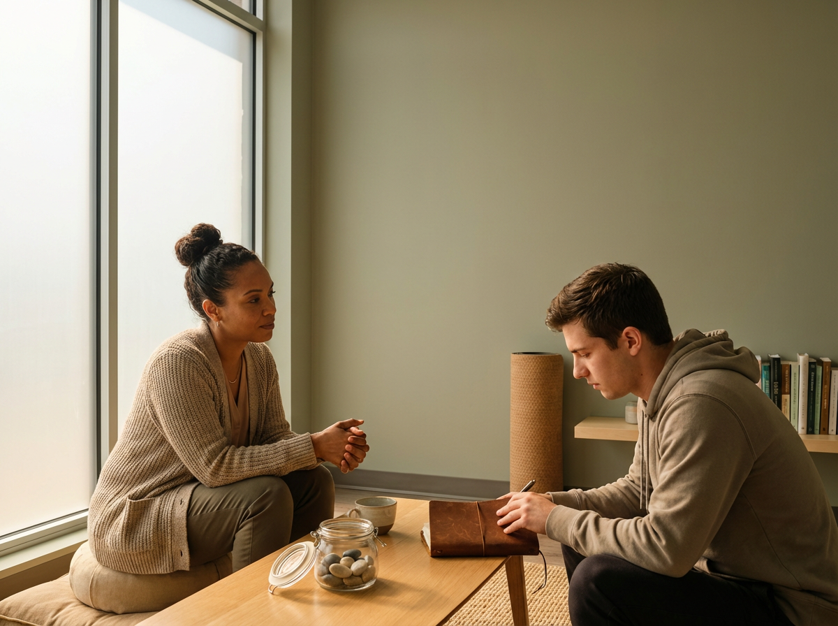 A woman and a man sitting in a therapy session; the woman sits on a cushion with her hands clasped; the man sits with a notebook and pen on a low table.