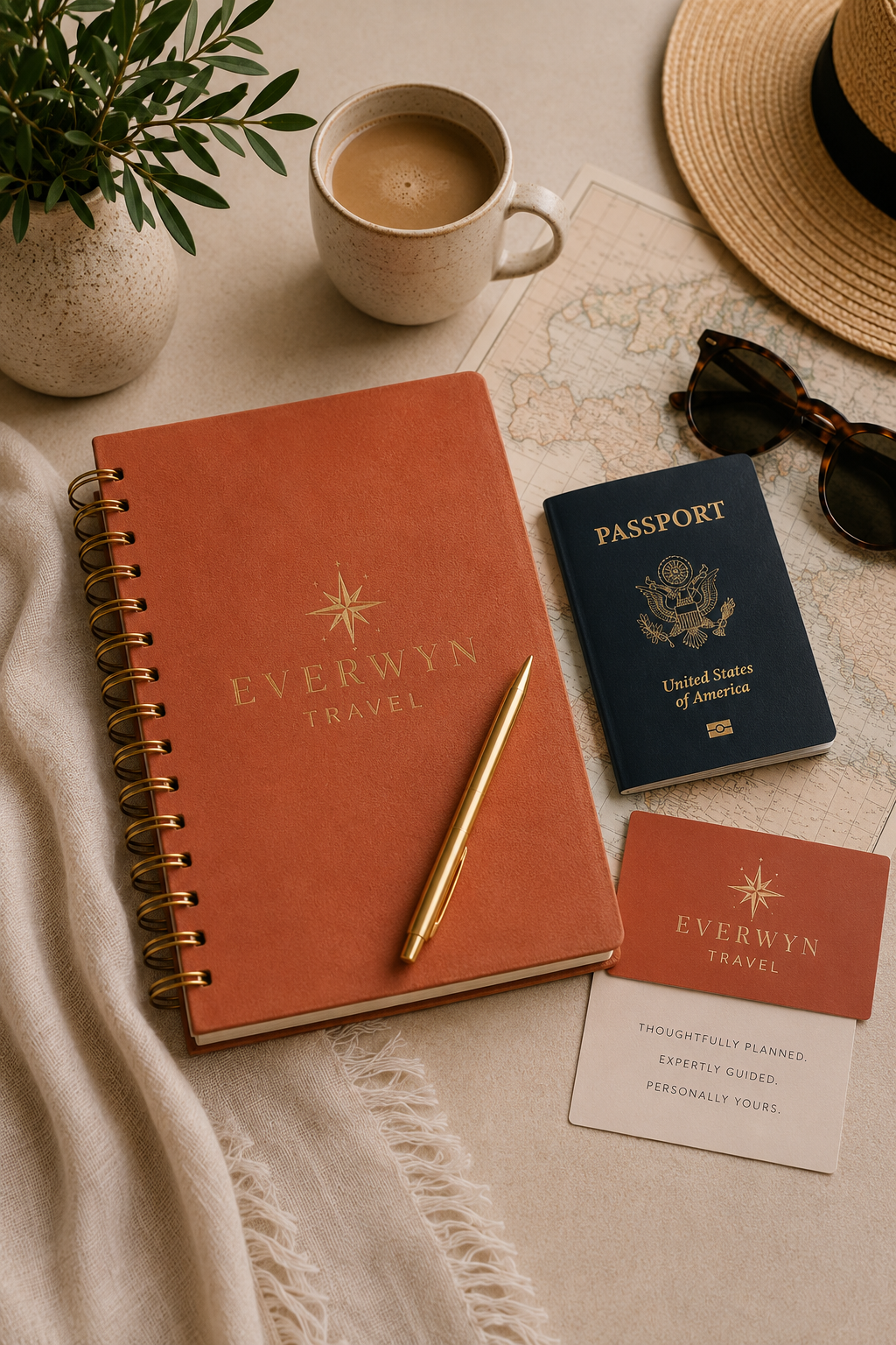A flat lay of travel essentials including a potted plant, cup of coffee, straw hat, sunglasses, a map, a US passport, an orange travel planner with a gold pen, and a card describing travel planning on a beige surface.