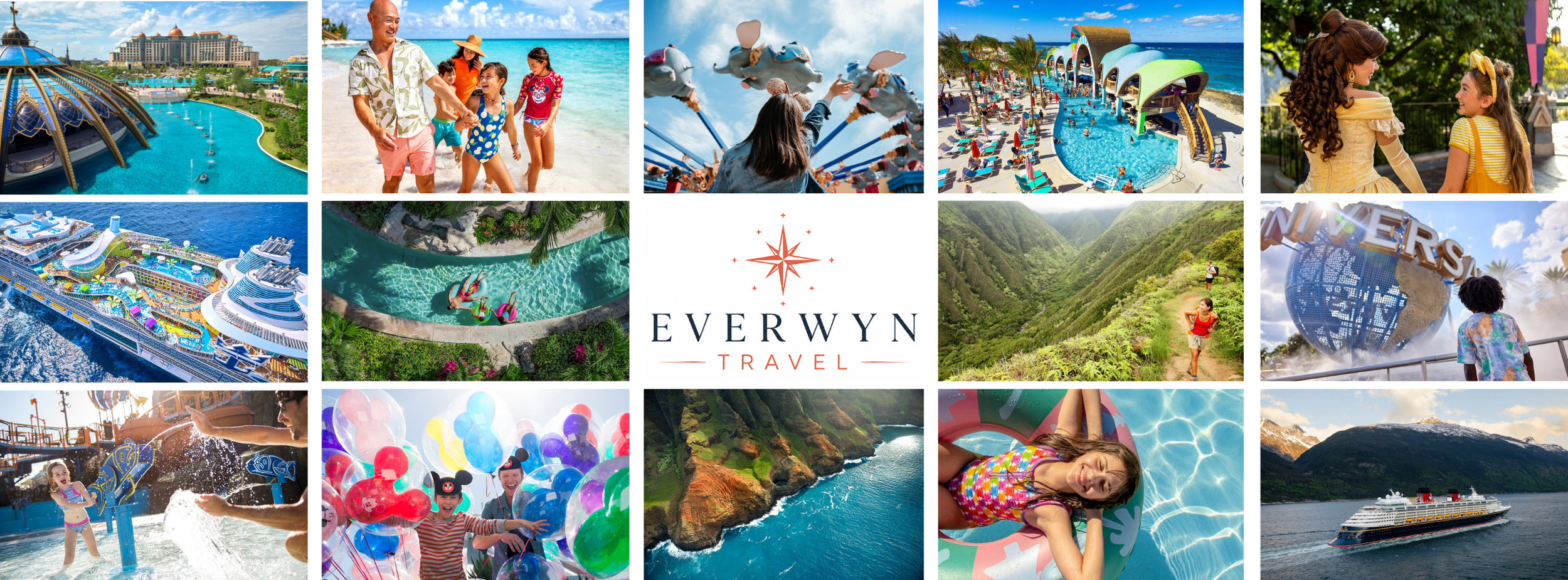 Collage of vacation and travel scenes, including a luxury resort, people enjoying the beach, a girl riding dragons on a carousel, a water park with a slide, a cruise ship, a tropical waterfall, a girl on a hiking trail, a tourist at Universal Studios, children playing in water, a girl with balloons, coastal cliffs, a girl relaxing in a pool, and a cruise ship in a fjord. The center features the Everwyn Travel logo.
