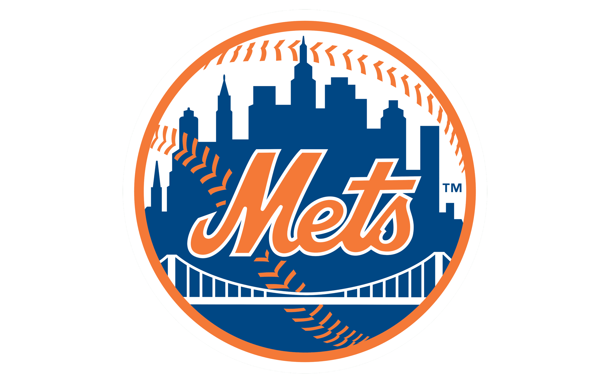 New York Mets logo featuring a stylized baseball with a city skyline and bridge design in blue, orange, and white.