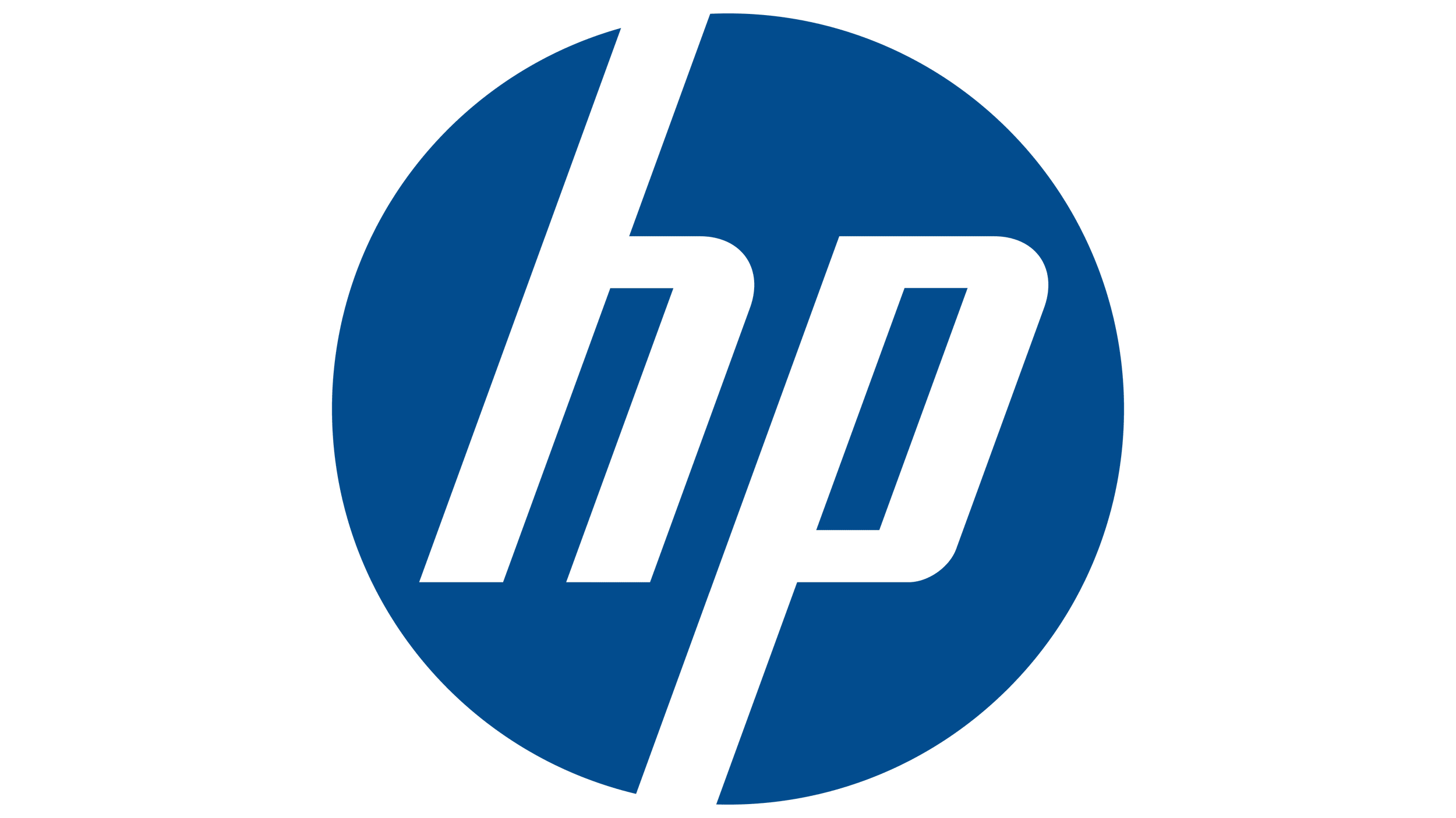 HP logo with blue circle and black diagonal lines.