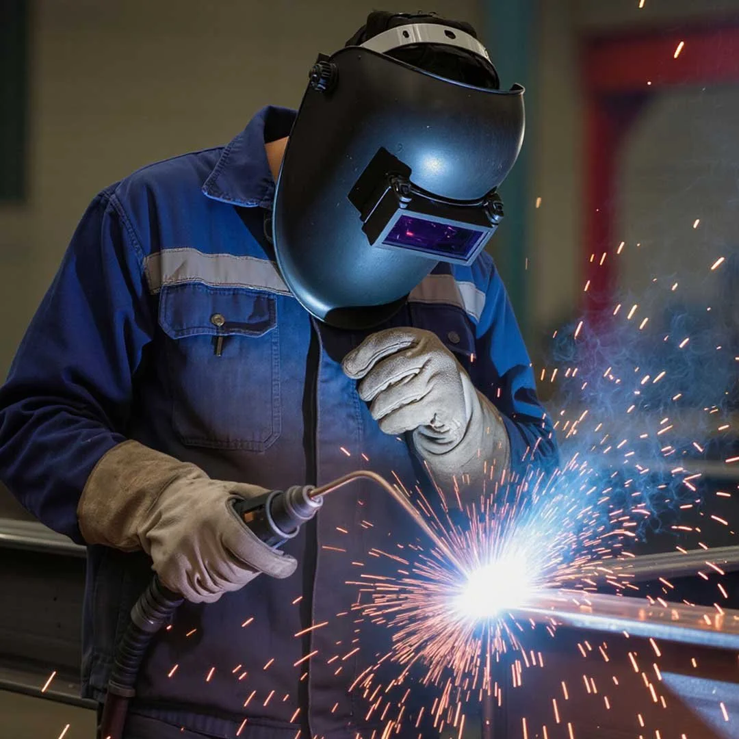 A welder wearing protective gear, including a helmet and gloves, welding metal with sparks surrounding the work area.