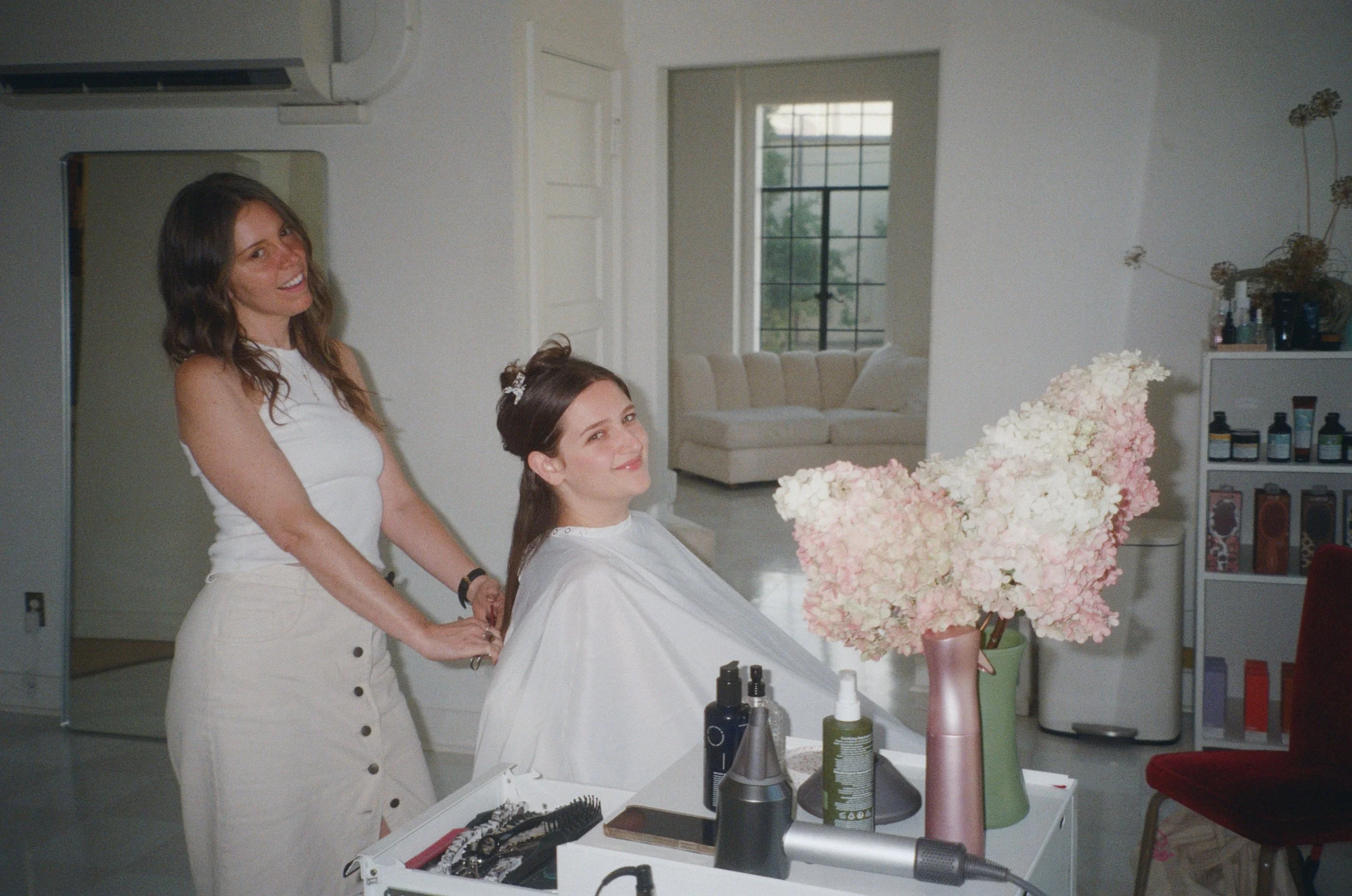 Rene DeJarnatt doing hair at Hedon HQ in Portland, Oregon