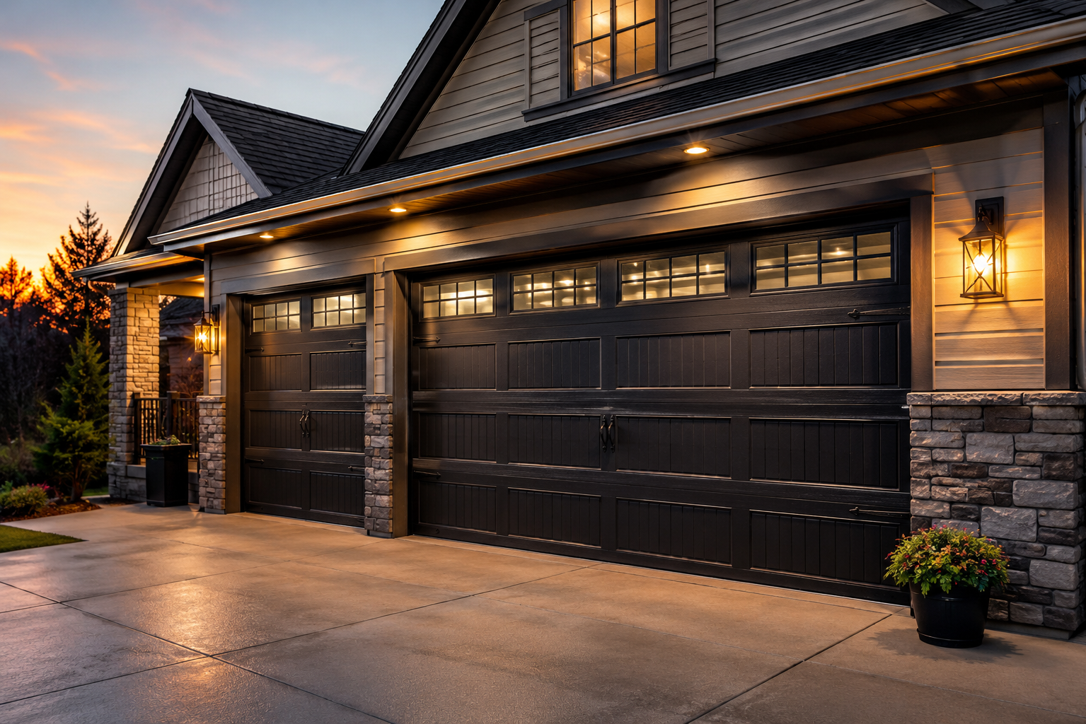 A modern house with a double garage featuring black doors with windows at the top, stone pillars, outdoor lights, and a flower pot, during sunset.