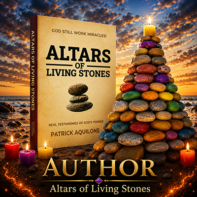 Book titled 'Altars of Living Stones' by Patrick Aquilone with a cover image of stacked stones and candles, set against a sunset or sunrise over a body of water.