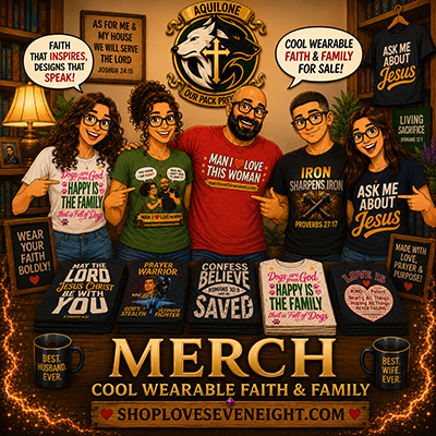 Group of five diverse people holding faith-themed merchandise, standing in front of a display with religious signs and slogans about faith, love, and Jesus, at a Christian store.