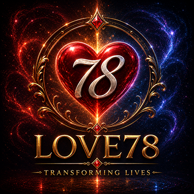 A glowing red heart with the number 78 inside, surrounded by an ornate gold frame, with blue and red energy sparks, and the text "LOVE78" and "TRANSFORMING LIVES" below.