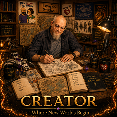 An elderly man with a beard and glasses sitting at a desk covered with maps, books, and writing tools, surrounded by posters and shelves filled with books, in a cozy, dimly lit room.