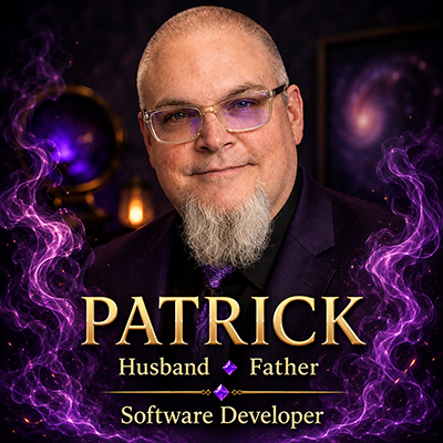 Portrait of a man with glasses and a beard, smiling, with a dark background and purple light effects, featuring text about Patrick as a husband, father, and software developer.
