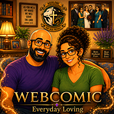 A smiling man with a beard, glasses, and wearing a purple shirt, and a smiling woman with curly hair, glasses, and wearing a green shirt, sitting on a sofa with a purple pillow, in a cozy living room. The background shows a wooden wall decorated with family photos, a lamp, flowers, a religious sign, and a family portrait. The text reads "WEBCOMIC" and "Everyday Loving".