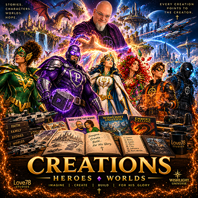 A vibrant collage-style image featuring a diverse group of superheroes and a bearded man with glasses at the center, surrounded by books, posters, and figurines related to Christian faith and creation themes. The background shows a colorful, cosmic landscape with planets and stars. The text reads 'CREATIONS: HEROES + WORLDS' with smaller text about imagination, creation, and faith.