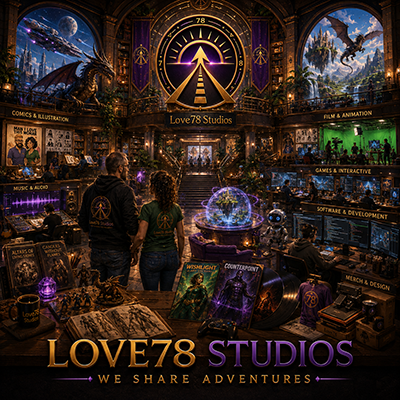 Interior of Love78 Studios featuring animated displays of dragons, fantasy landscapes, a large clock with an arrow, and various sections labeled comics, film, music, games, software, and merchandise, with people exploring the exhibits.