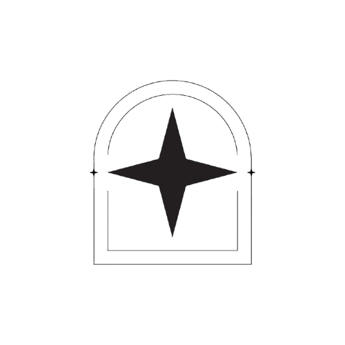 A compass rose symbol inside an arched frame with a small star in the center.