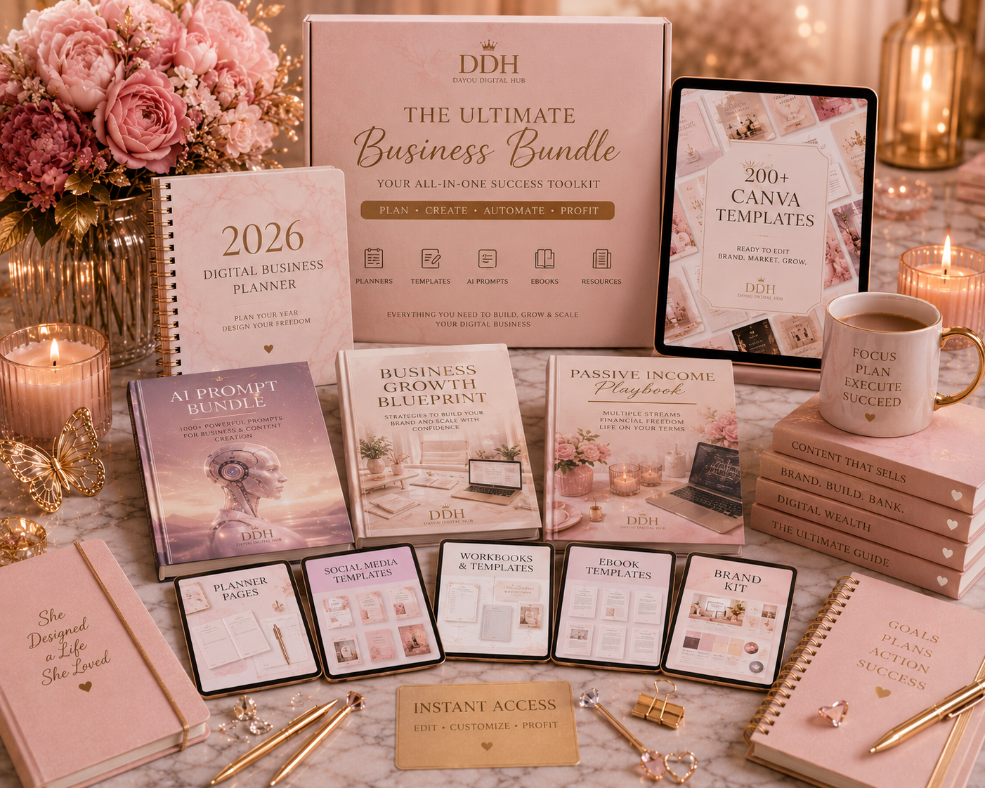 Pink business planners, digital marketing books, templates, and accessories arranged on a marble table.