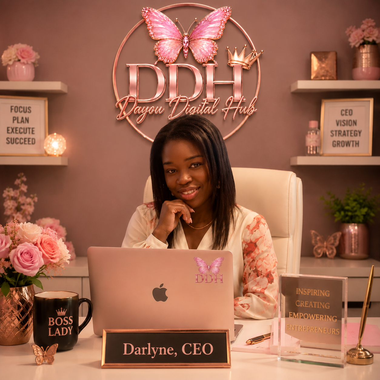 Darlyne at her desk in a pink Dayou Digital Hub office with laptop and CEO nameplate.