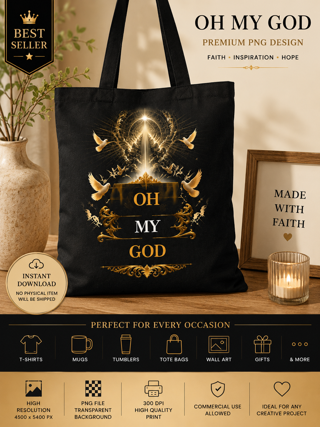 Black tote bag mockup featuring OH MY GOD Christian PNG faith design with gold ornaments, doves and heavenly light